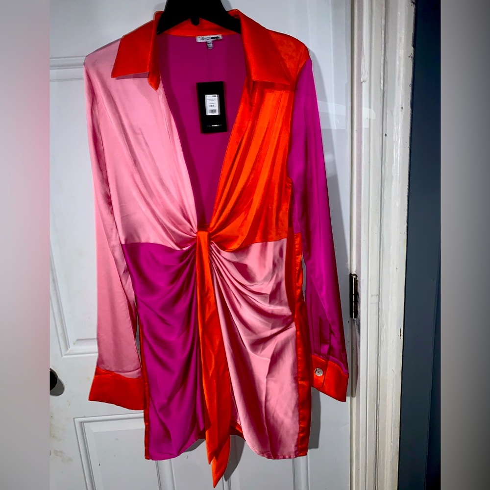 Light pink, very hot pink, and orange satin dress